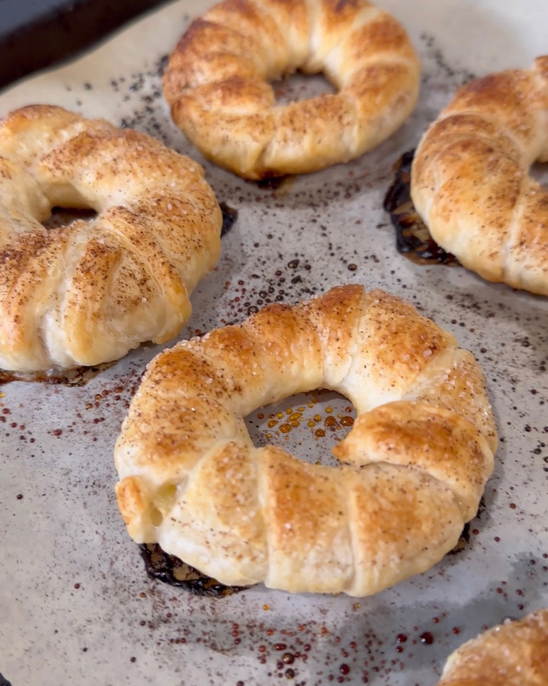 Freshly baked cinnamon sugar bagels on parchment paper, golden brown and flaky