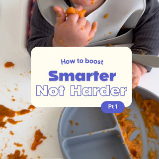 Baby eating messy meal with food catcher bib and tray, mess-free mealtime solution